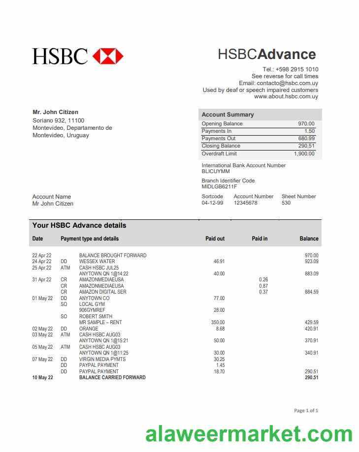 Uruguay HSBC bank statement